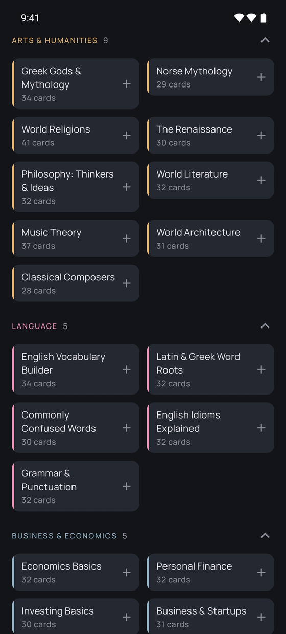 Etch's deck library — ready-made decks grouped into colour-coded categories: Arts & Humanities, Language, and Business & Economics, each deck showing its card count.